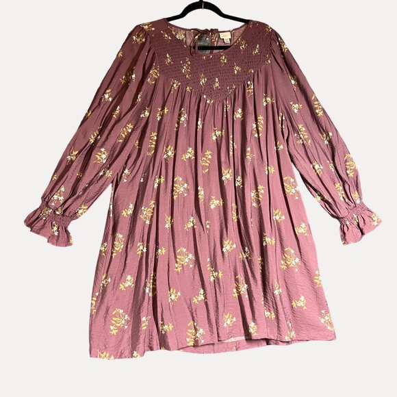 A. New Day XXL Women's Floral Smocked Dress Plus Size Mauve Long Sleeve Elastic - Picture 1 of 6